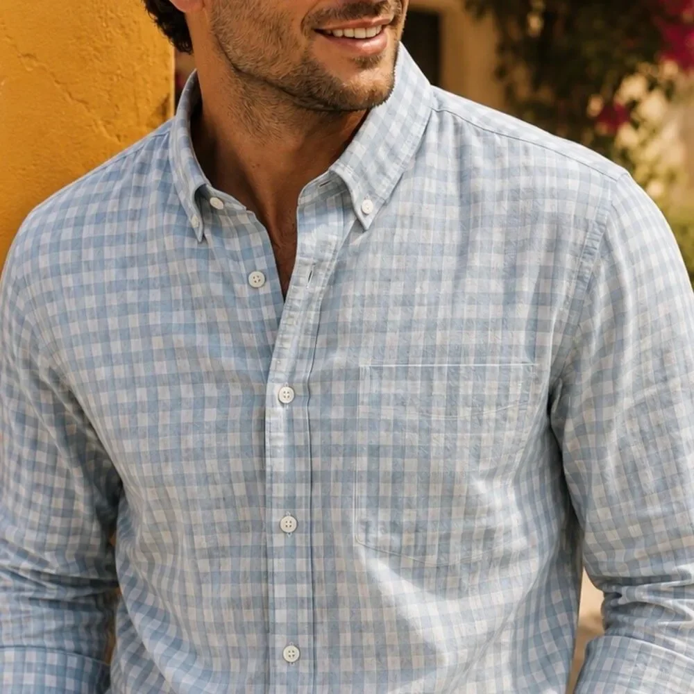 J Crew Button Up Shirt Mens XXL‎ Blue Gingham Check Flex Washed Classic BP969